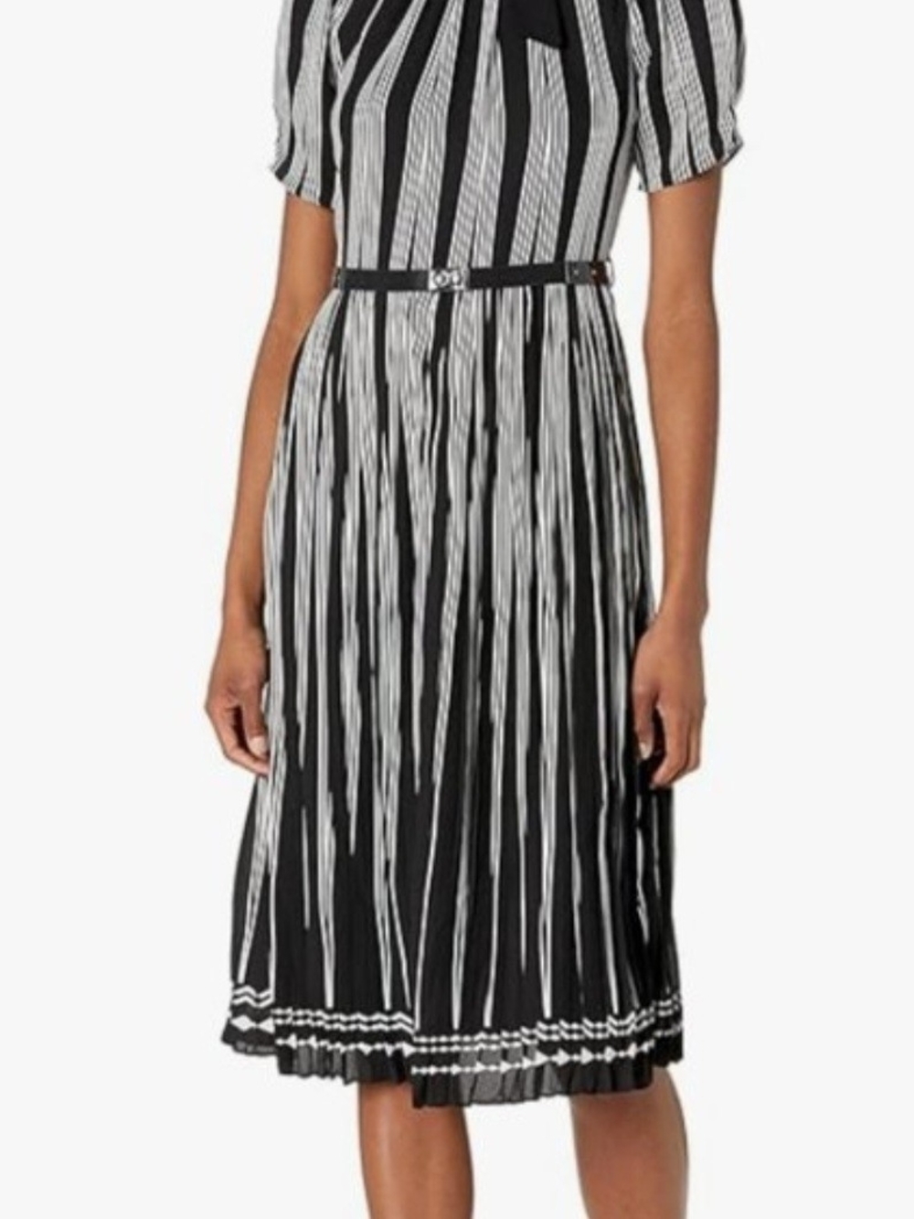 Karl Lagerfeld- Black/White Striped Pleated Midi Dress(Size 4)
